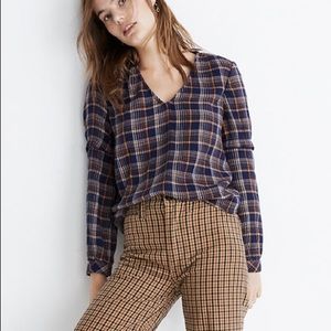 Madewell Plaid V Neck Ruffle Top XS